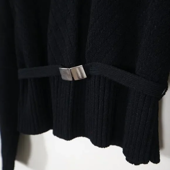 Margaret O'Leary Size 1/S Black Viscose Knit Sweater Belted V Neck Pullover - Picture 5 of 10